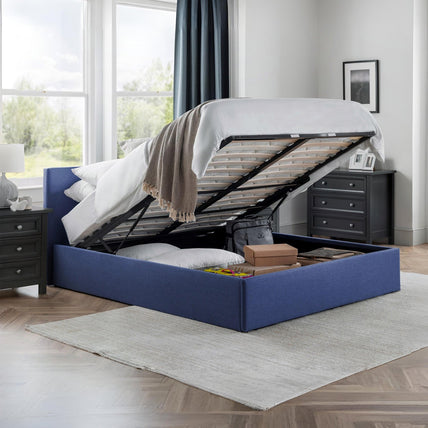 Robin Bed Frame Double Blue Linen Ottoman Storage