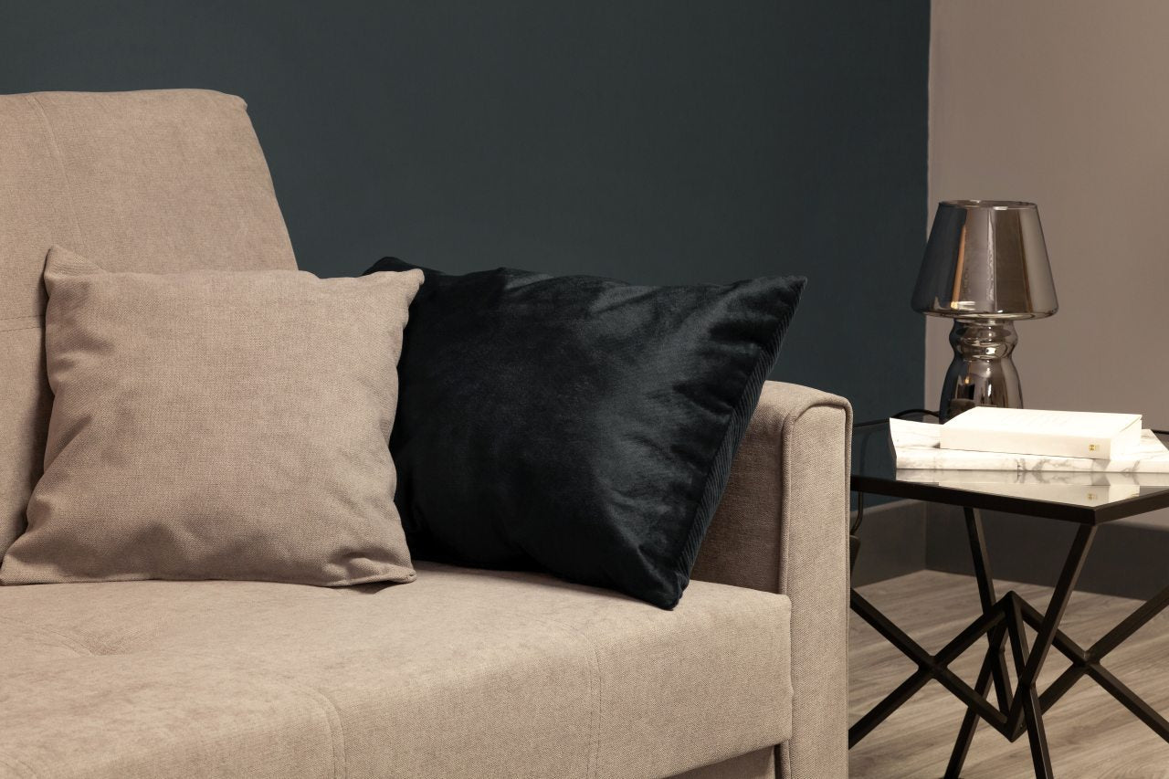 beige sofa with soft pillows and a coffee table on the side