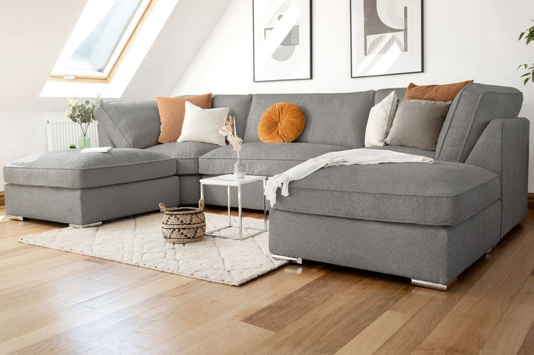 living room with grey sofa and beautiful gray carpet