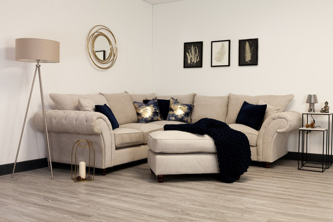 beautiful sofa with navy blue pillows