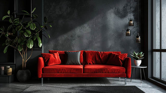red coloured velvet sofa