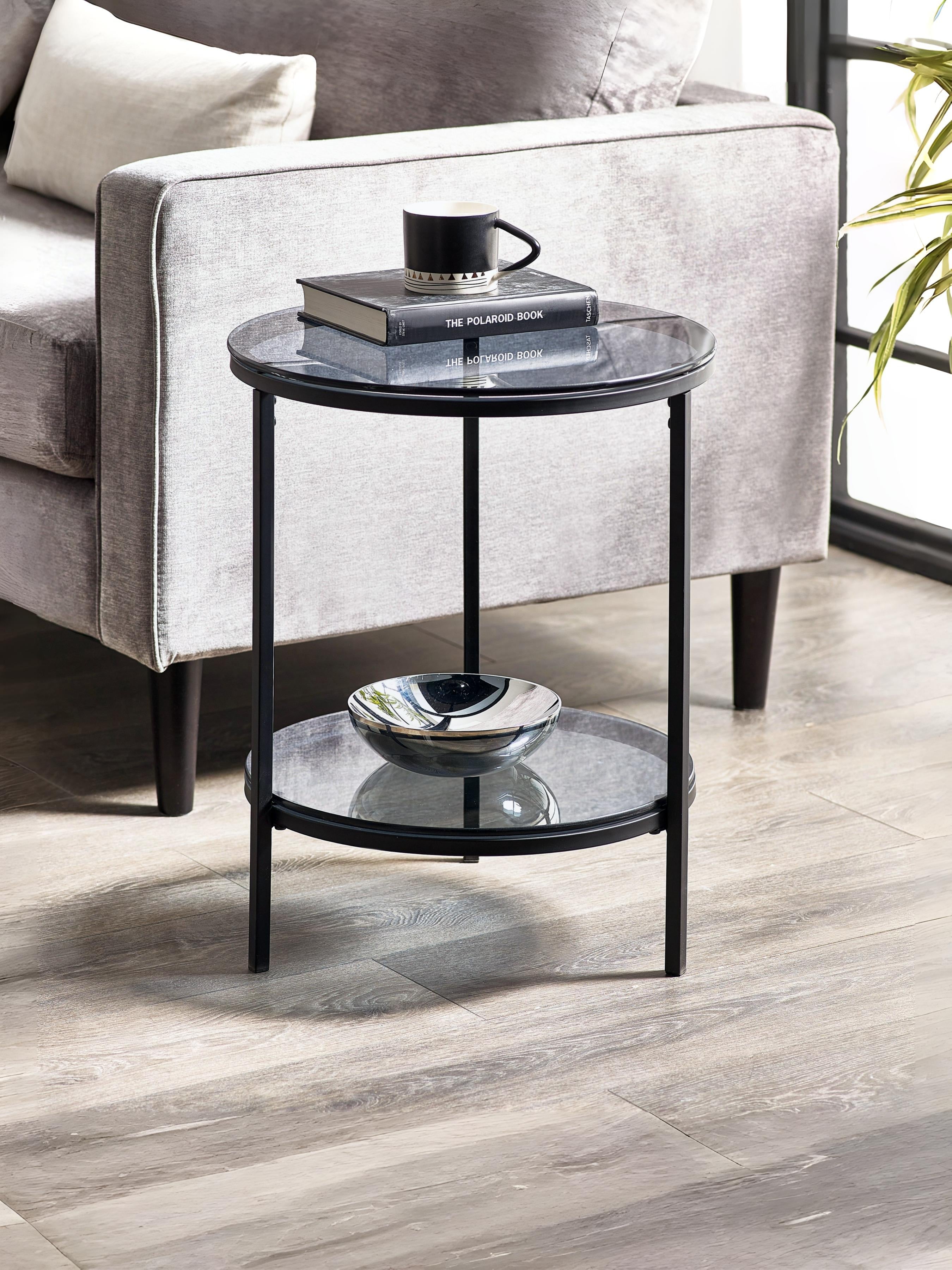 Cypress Circular Lamp Table With Shelf Smoked Glass/Black