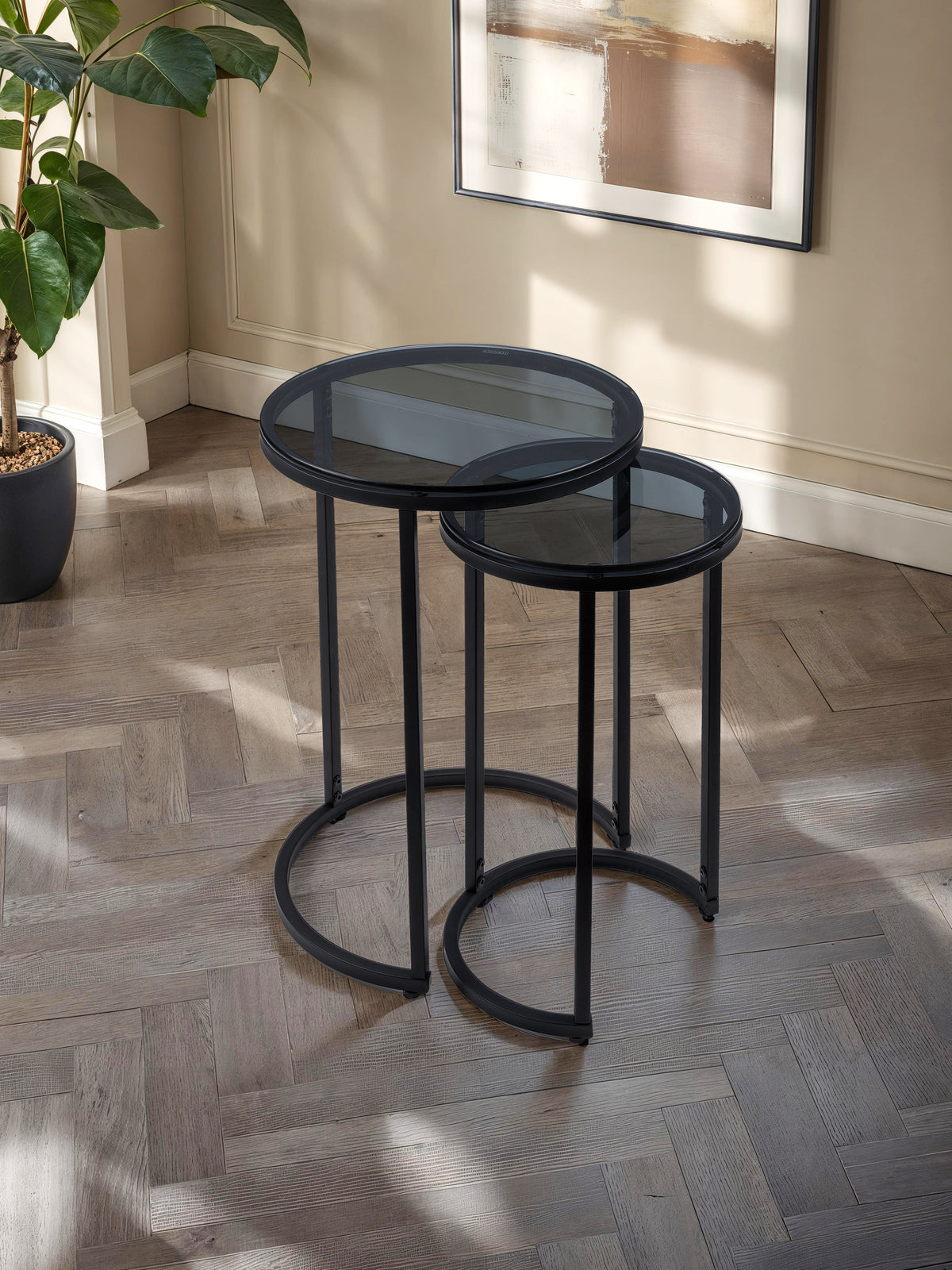 Cypress Round Nesting Side Tables Smoked Glass/Black