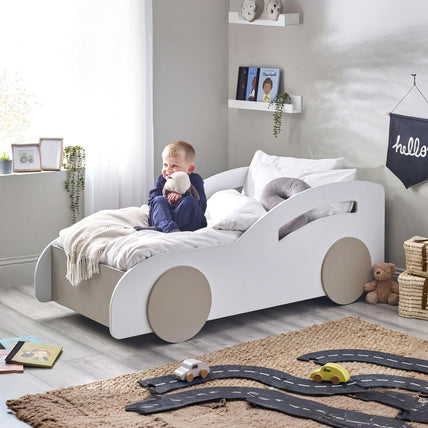 Aya Toddler Car Bed White & Taupe