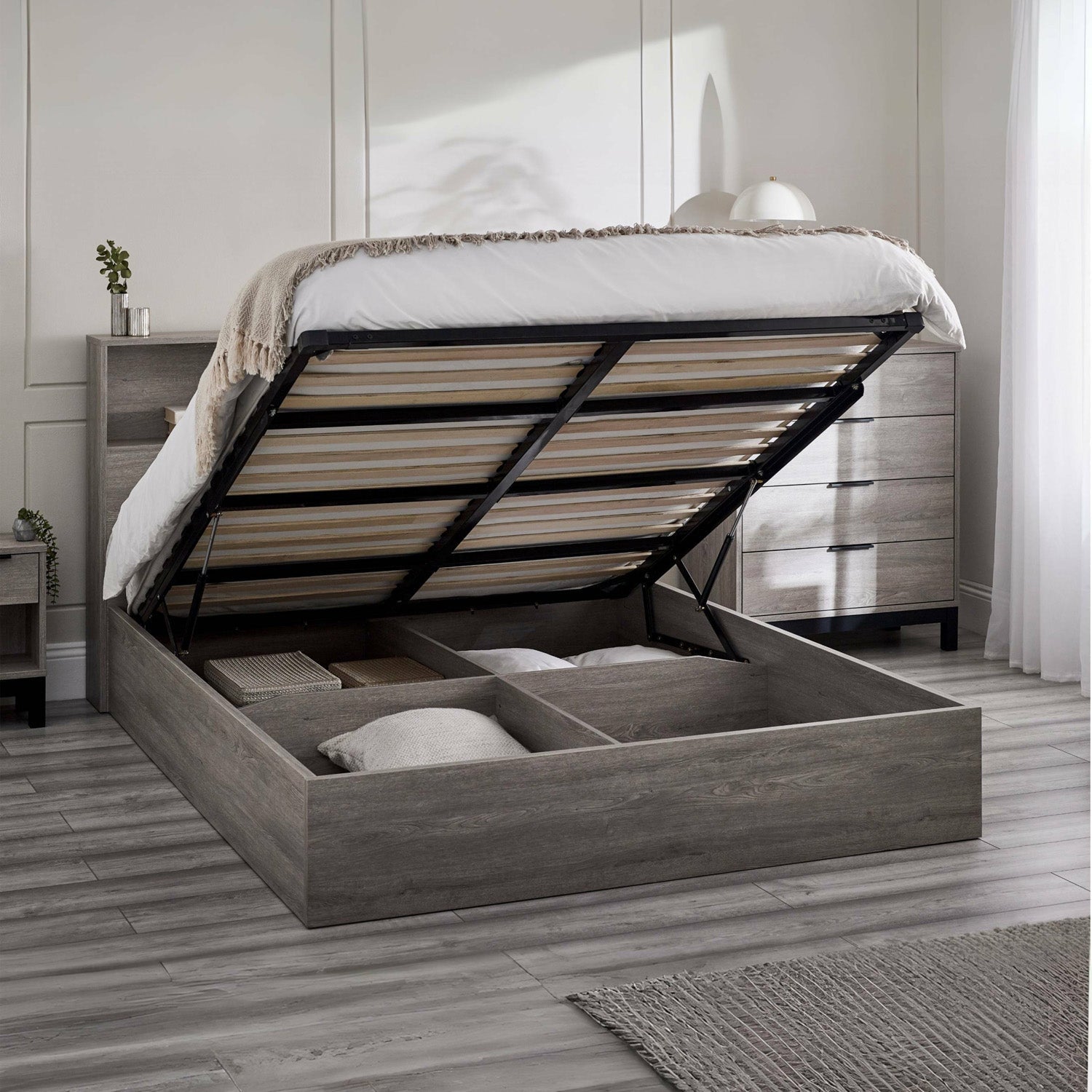 Bali Bed Frame Double Grey Oak Ottoman Storage