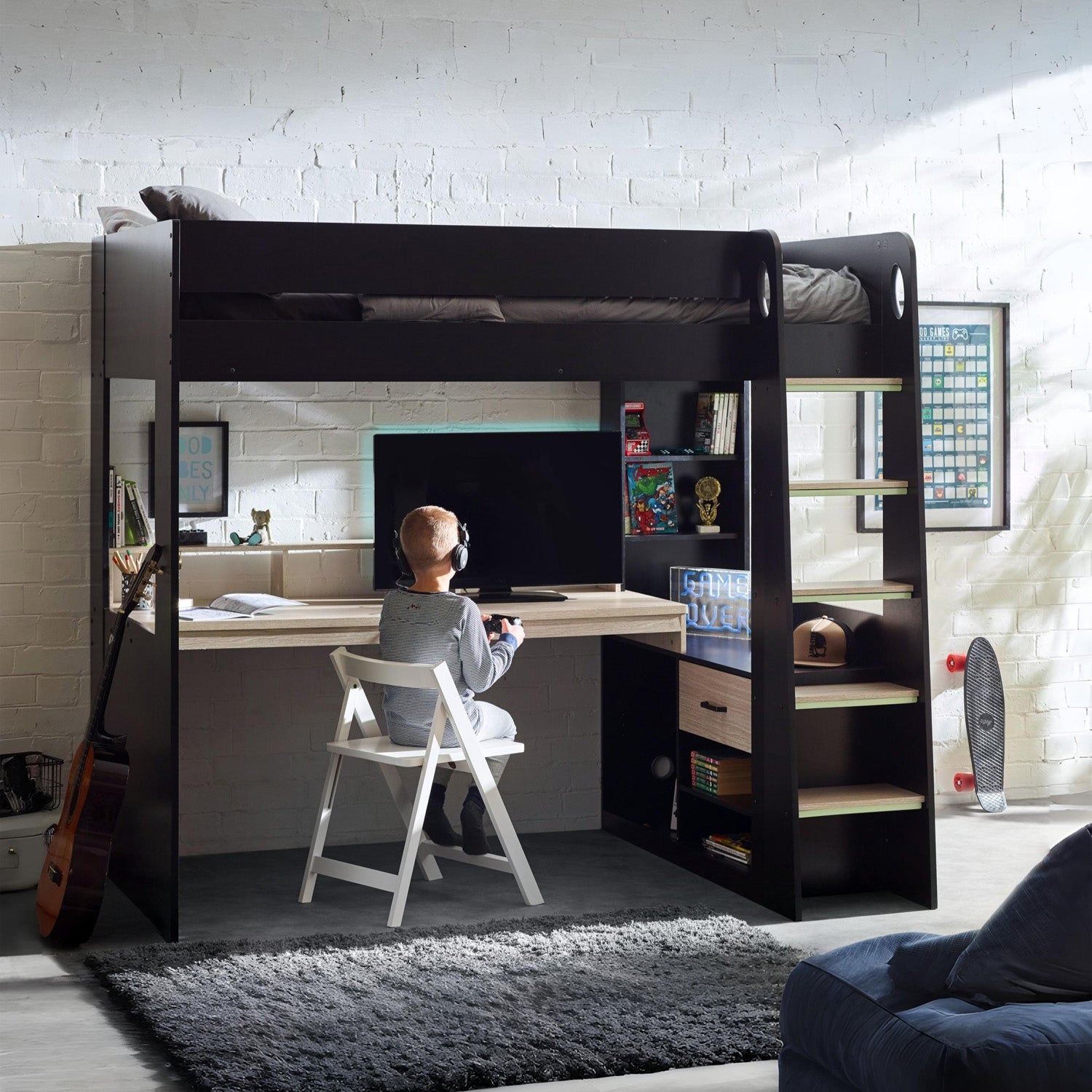 Brooke Gaming Highsleeper Bed Black And Pale Wood