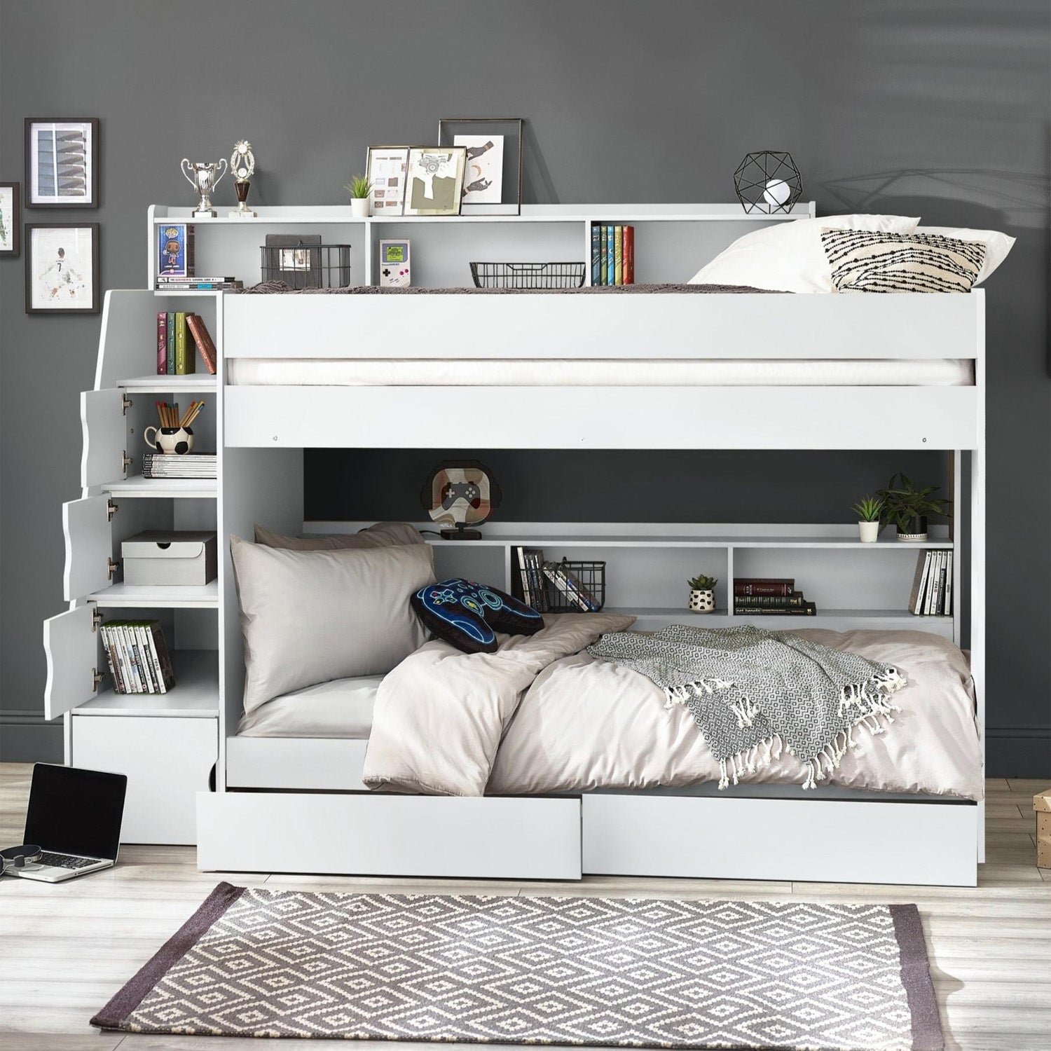 Cane Staircase Bunk Bed White