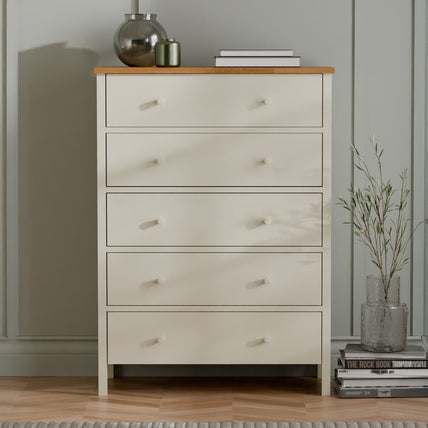 Connie 5 Drawer Wide Chest Ivory and Oak