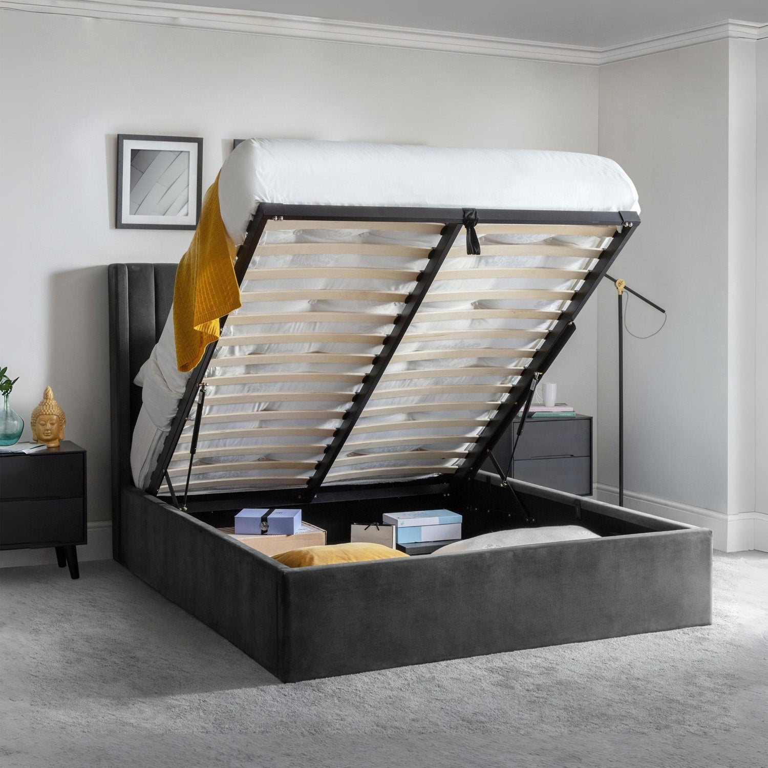 Lark Bed Frame Double Grey Ottoman Storage