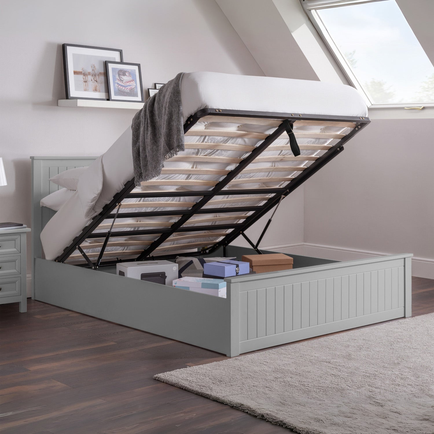 Marisol Bed Frame Double Dove Grey Ottoman Storage