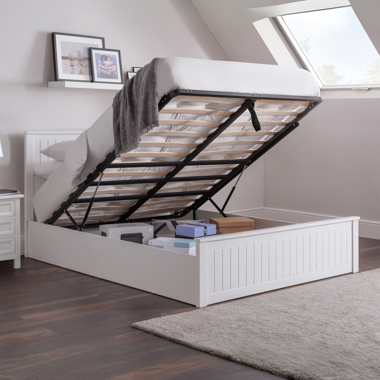 Marisol Bed Frame Double Surf White Ottoman Storage
