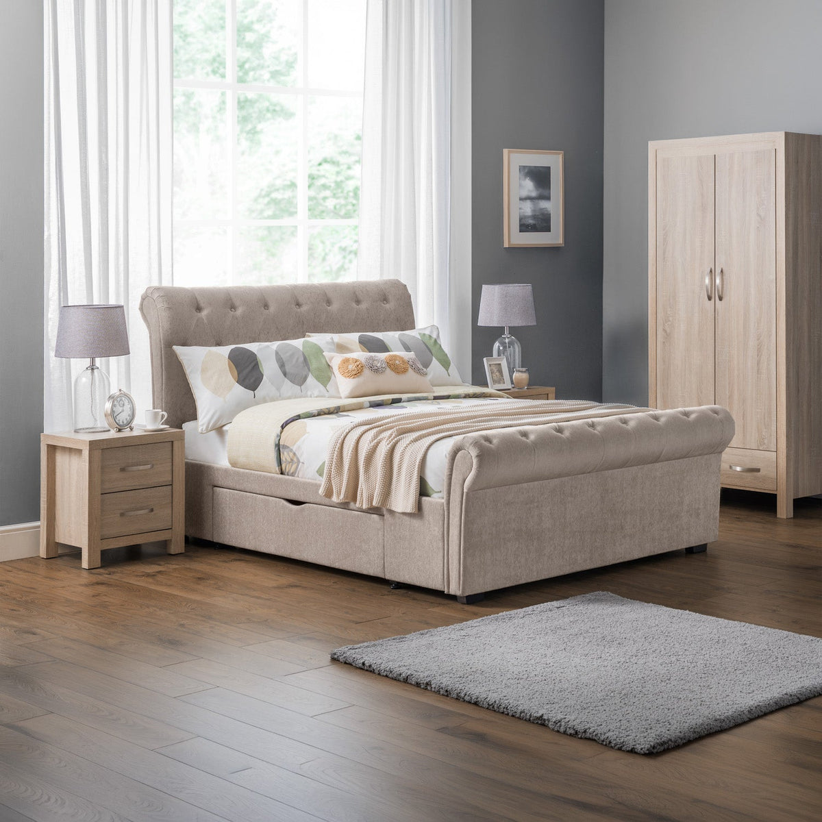 Raven Bed Frame Kingsize Mink Chenille 2 Drawer Storage