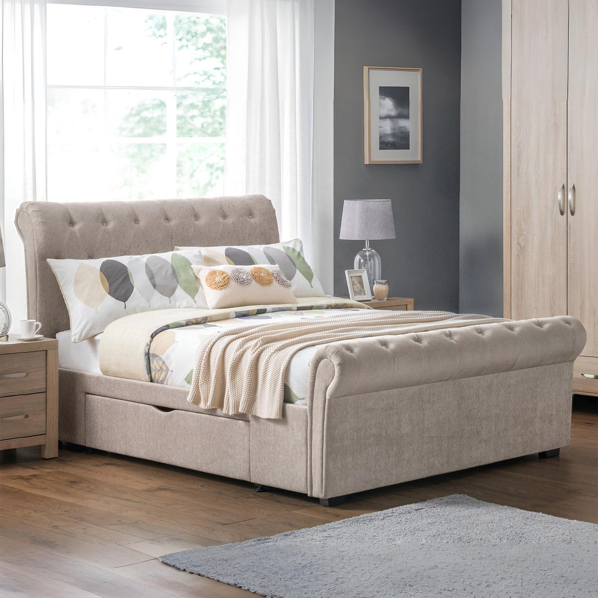 Raven Bed Frame Kingsize Mink Chenille 2 Drawer Storage