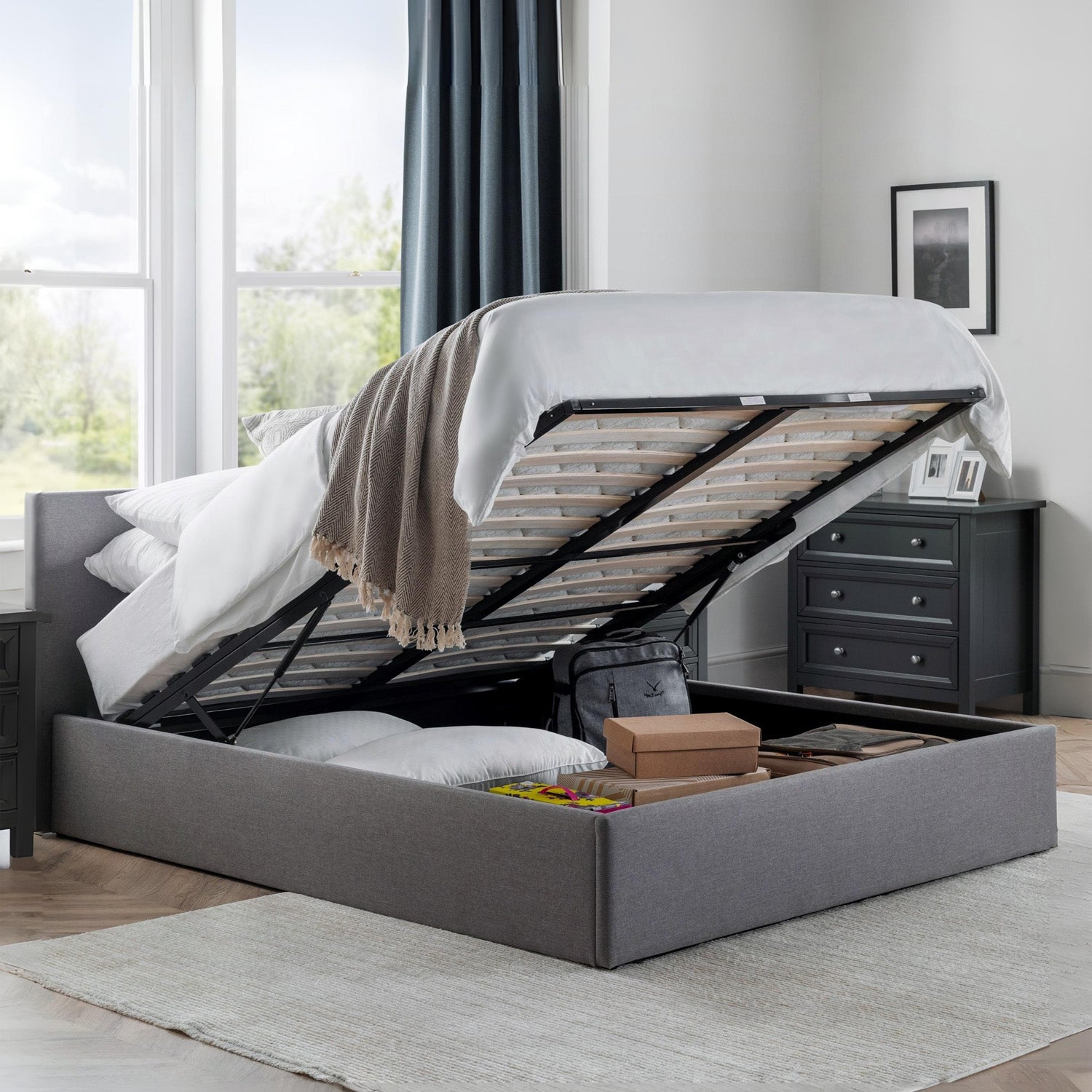 Robin Bed Frame Double Light Grey Ottoman Storage
