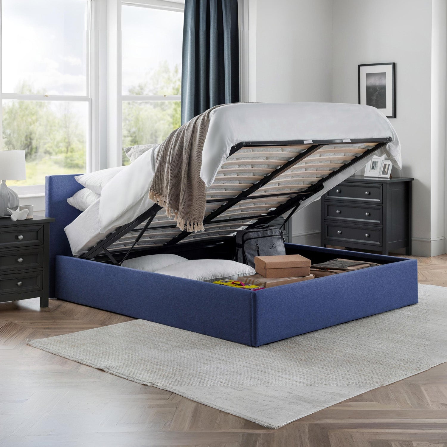 Robin Bed Frame Kingsize Blue Linen Ottoman Storage