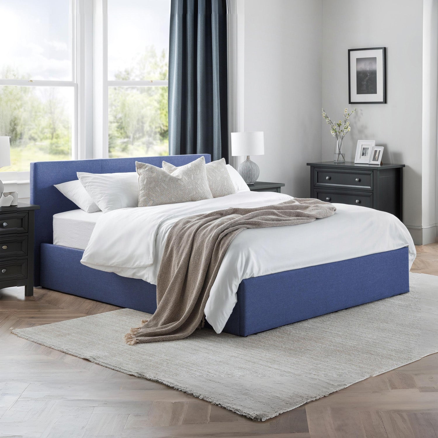Robin Bed Frame Kingsize Blue Linen Ottoman Storage