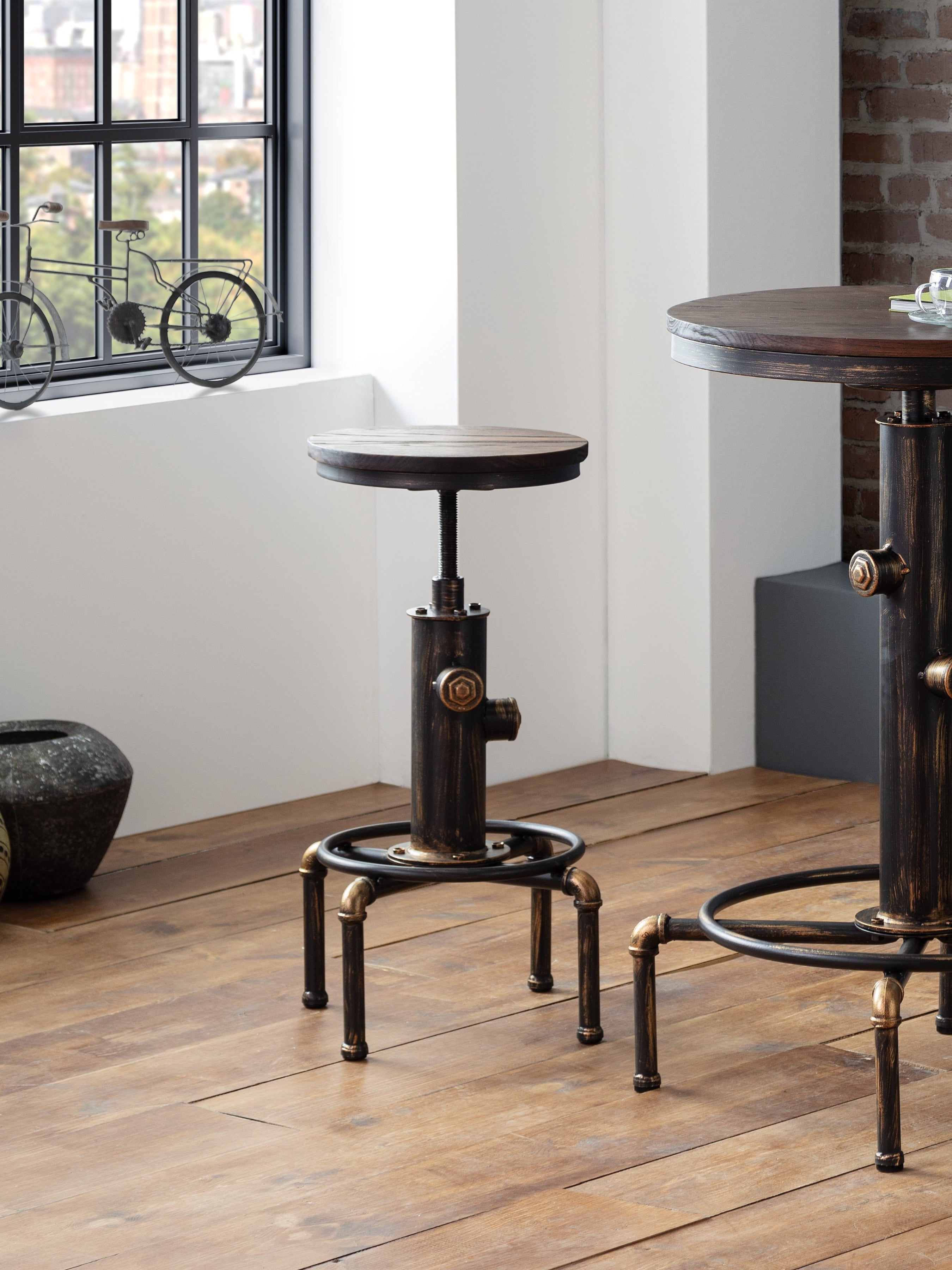 Rockwell Pipework Barstool Brushed Copper/Rustic Elm