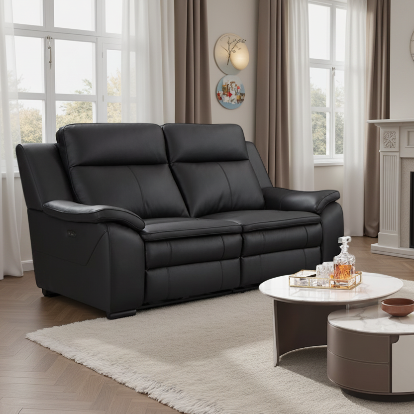 Boston Genuine Leather Electric Recliner Sofa Black 2 Seater