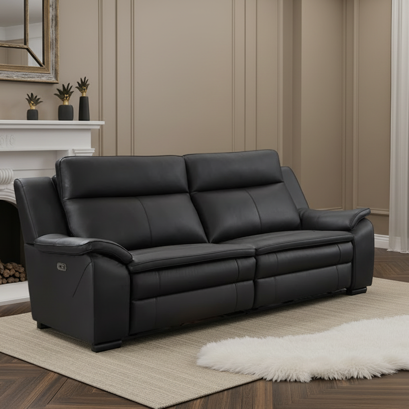Boston Genuine Leather Electric Recliner Sofa Black 3 Seater