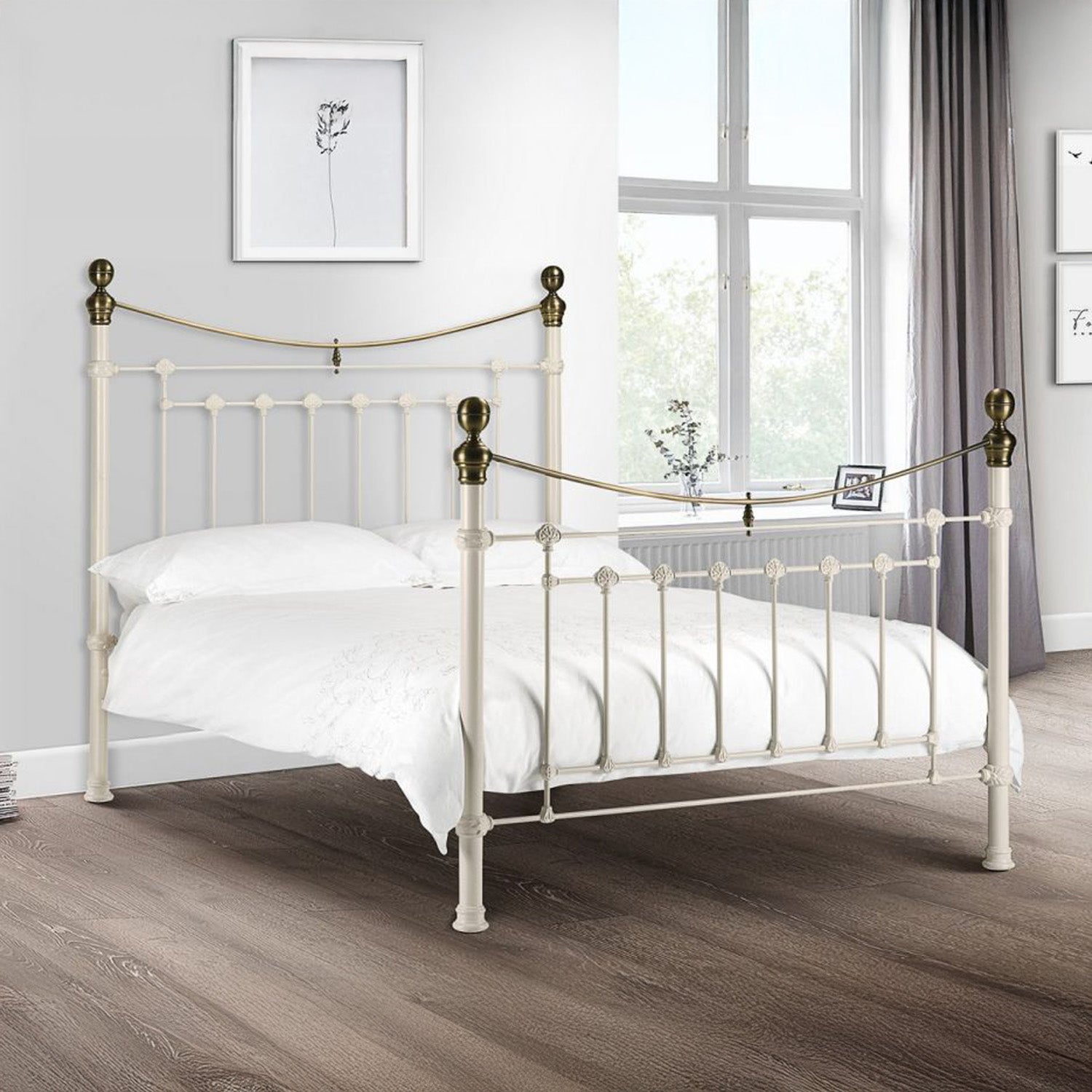 Victoria Bed Frame Double White/Brass